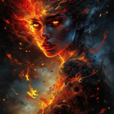 The primary subject of the image is a woman with a fiery, flaming head. She is the main focus of the image, and her striking appearance is the center of attention. The setting is a dark, moody environment, with the woman standing in front of a backdrop of fire and flames. The visual style of the image is a digital art or illustration, with the woman's fiery head being the most prominent and eye-catching element. The colors and mood of the image are intense and dramatic